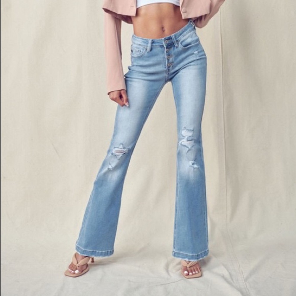 35” Inseam Kancan Button Fly Mid-Rise Distressed Flare Jeans ONLY TWO PAIRS LEFT